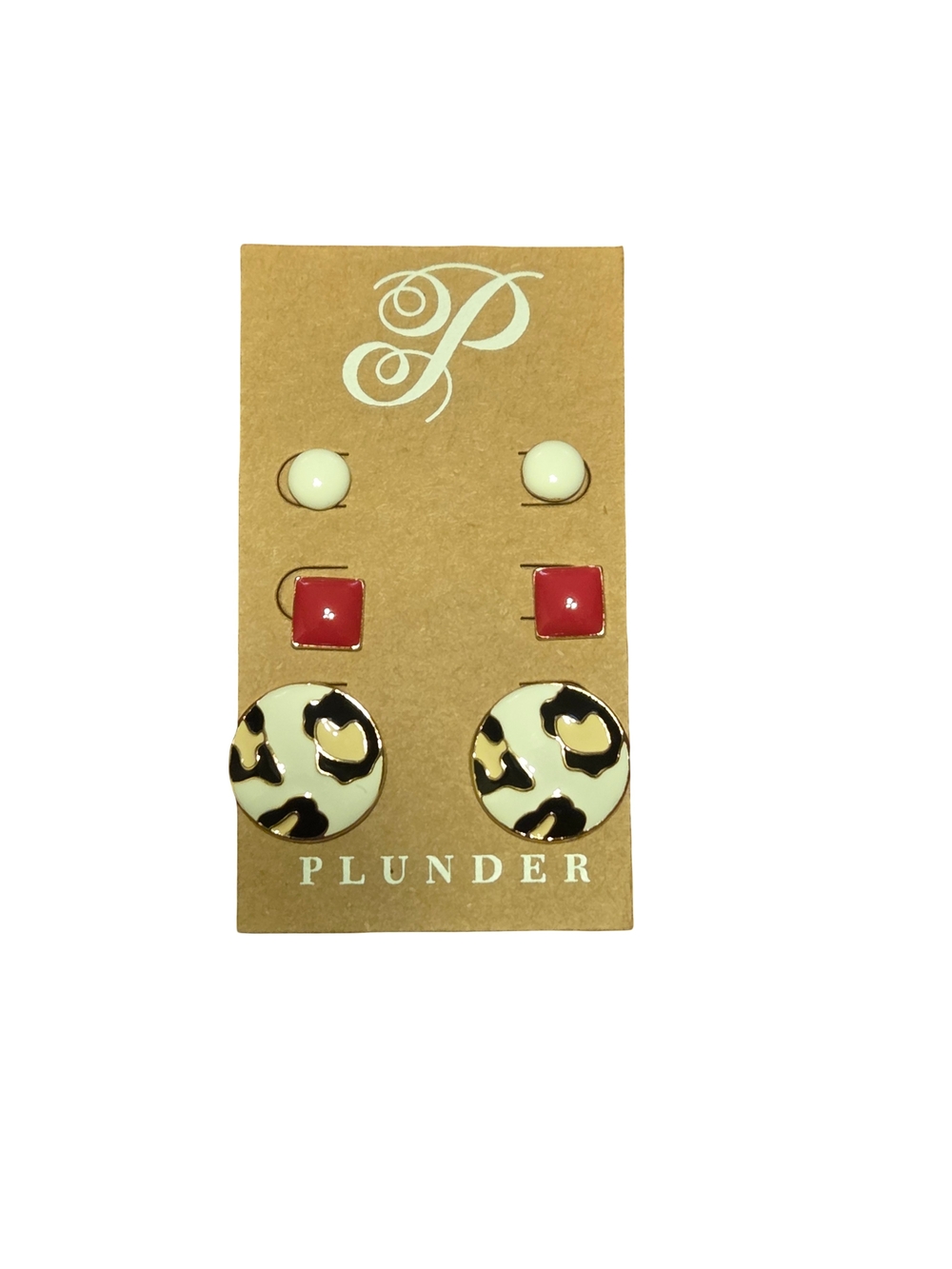 Plunder Three-Pair Earring Set in Cream, Red & Black Leopard